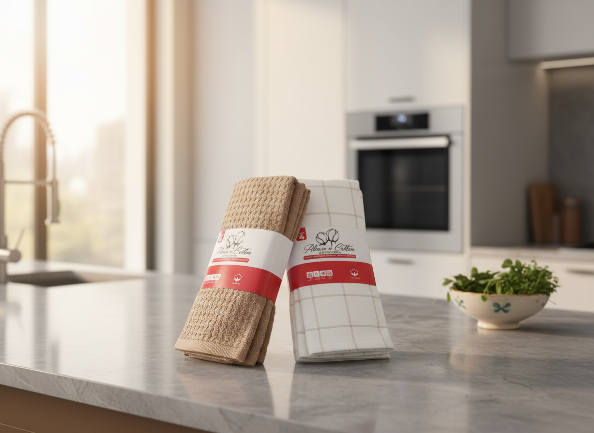 Kitchen Towels - Beige and White in Kitchen Setting