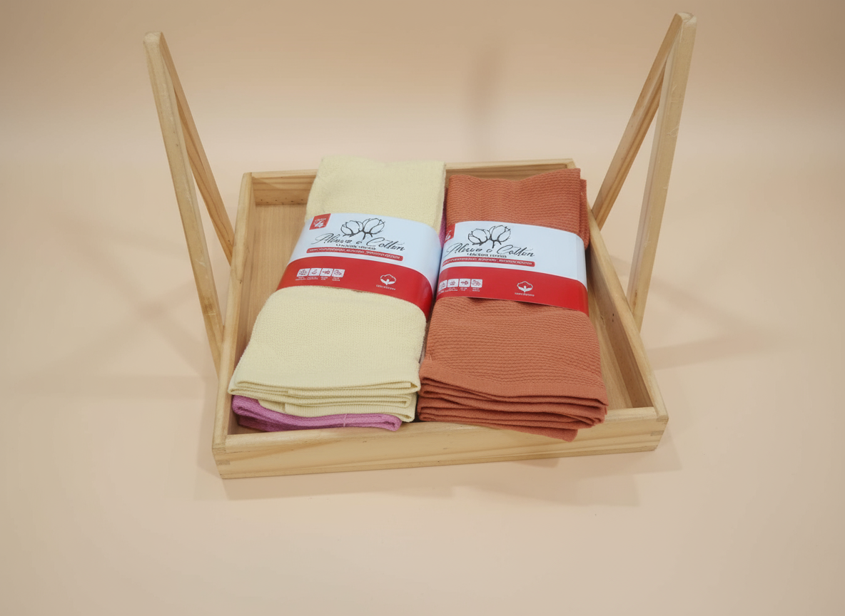 Professional Kitchen Towels in Wooden Tray - Cream and Coral