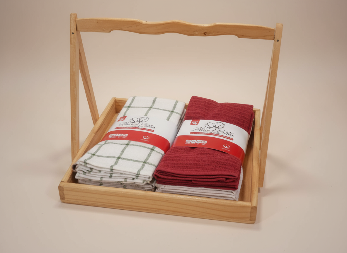 Professional Kitchen Towels in Wooden Tray - White and Burgundy