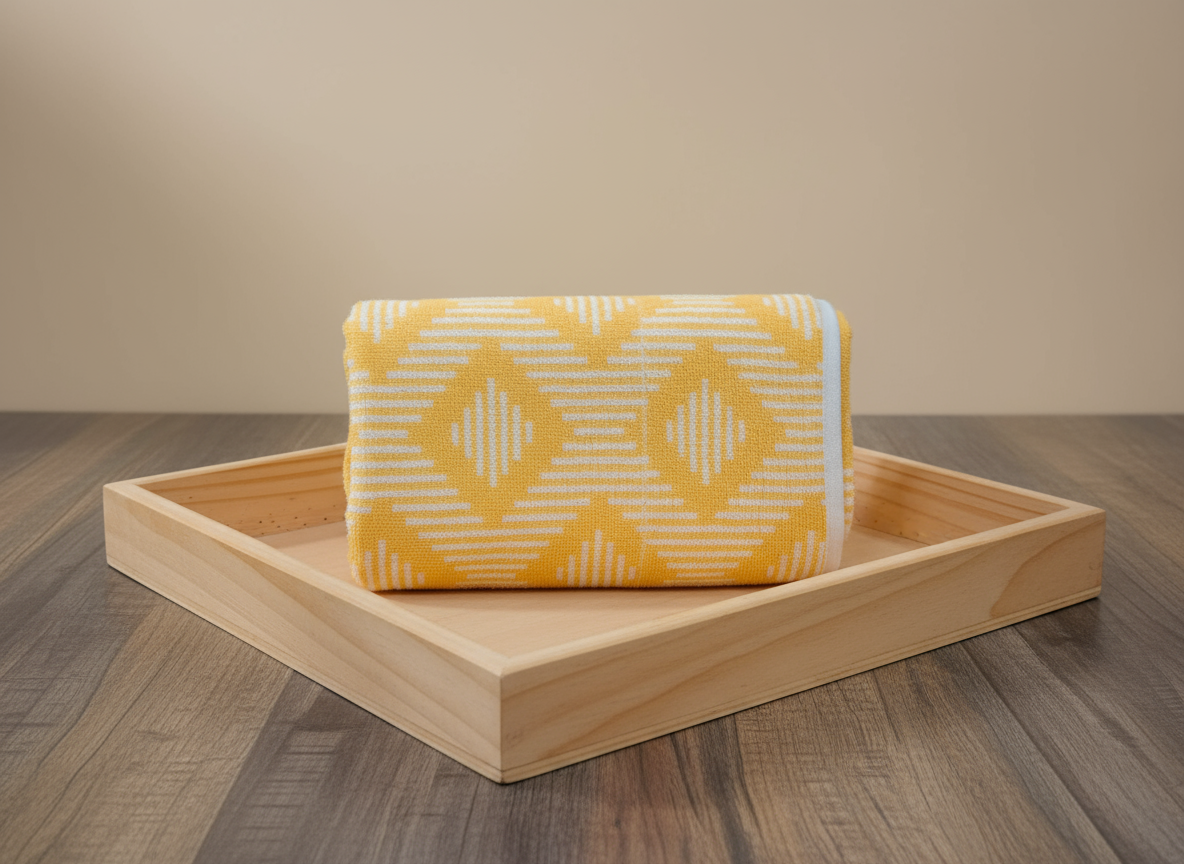 Geometric Towel in Wooden Basket on Table