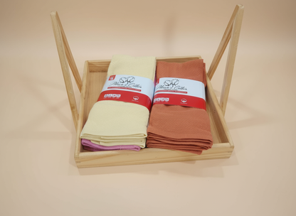 Professional Kitchen Towels in Wooden Tray - Cream and Coral