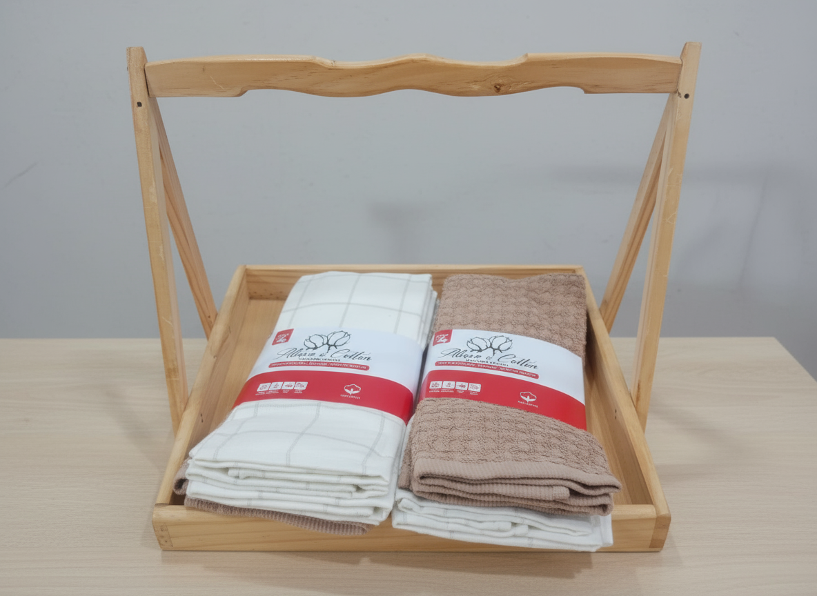 Professional Kitchen Towels in Wooden Tray - White and Tan