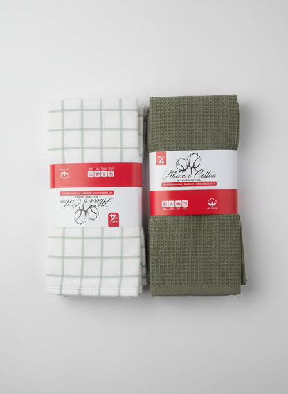 Professional Kitchen Towels - White Checkered and Olive Green