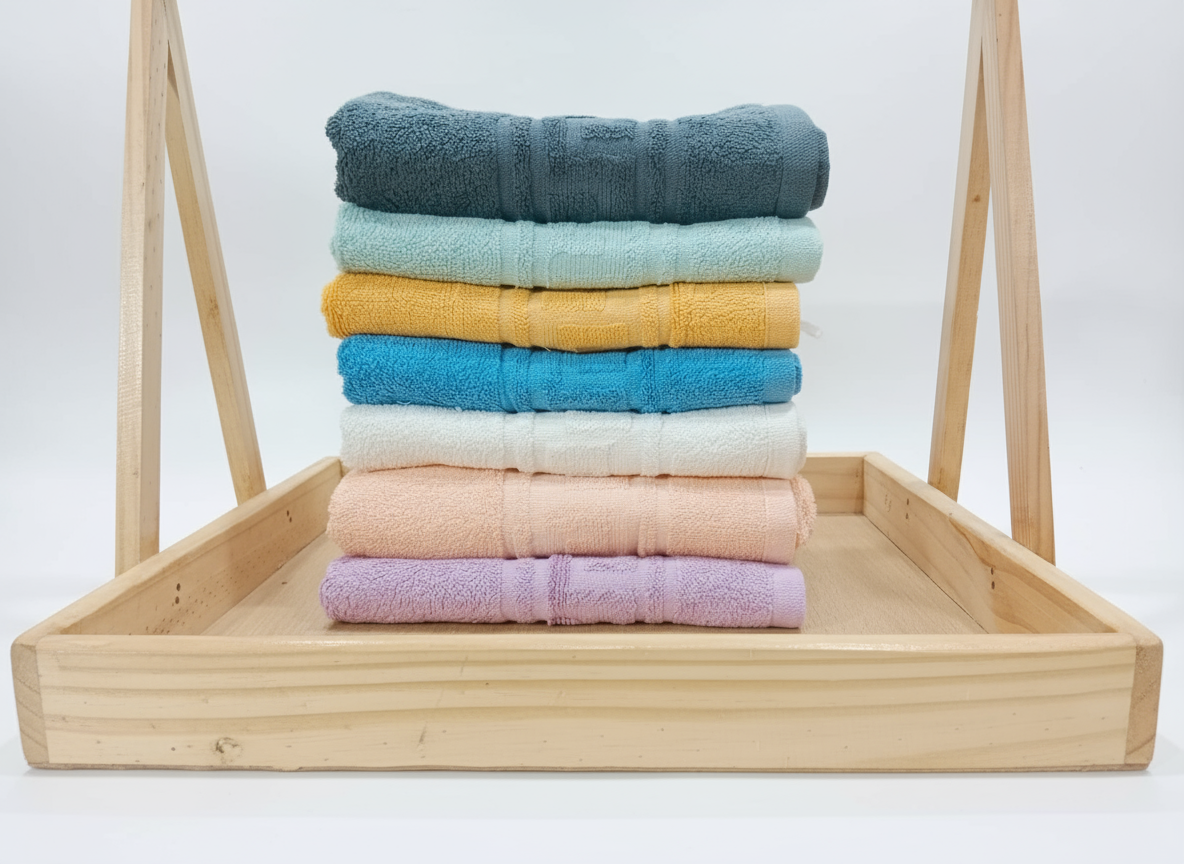 Professional Towel Display in Wooden Tray