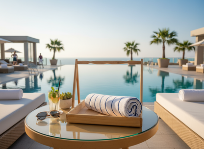 Rolled Pool Towel in Wooden Tray at Hotel